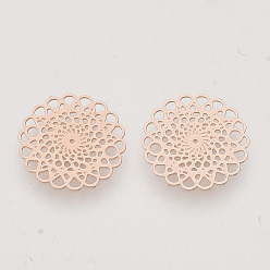 Rose Gold Brass Filigree Joiners Links, Etched Metal Embellishments, Long-Lasting Plated, Flower, Rose Gold, 13x0.3mm, Hole: 1.2mm