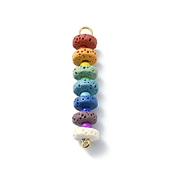 Golden Chakra Natural Lava Rock Dyed Flat Round Connector Charms, Colorful Gems 304 Stainless Steel Glass Seed Beads Links, Golden, 42~43x8mm, Hole: 1.8~3mm