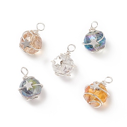 Mixed Color Electroplate Glass Pendants, with Silver Brass Wire Wrapped Findings, Round with Star Charms, Mixed Color, 20.5x14.5x16.5mm, Hole: 4.5x4mm
