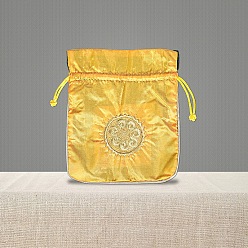Gold Chinese Style Brocade Drawstring Gift Blessing Bags, Jewelry Storage Pouches for Wedding Party Candy Packaging, Rectangle with Flower Pattern, Gold, 18x15cm