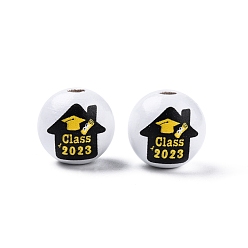 House Senior Year Theme Printed Wooden Beads, Round, Black and White, House Pattern, 15.5~16x15mm, Hole: 3.5mm