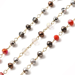 Седло Коричневый Ионное покрытие (IP) настоящее 18k позолоченное 316 цепи из хирургической нержавеющей стали, со стеклянной круглых бусин, пайки, с катушкой, седло коричневый, 2.5x3 мм, бусина : 3x2.5 mm