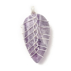Amethyst Natural Amethyst Pendants, with Silver Tone Eco-Friendly Copper Wire Wrapped, Teardrop, 32~33x15~17.5x8~9mm, Hole: 3.2~3.4mm