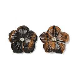 Тигровый глаз Резные подвески из натурального тигрового глаза, подвески-цветы с латунной бабочкой из прозрачного кубического циркония, реальный 18 k позолоченный, долговечный, стойки покрытие, 30x30.5x6 мм, отверстие : 1.4 мм