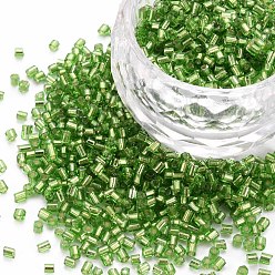 Lime Green Glass Bugle Beads, Silver Lined, Lime Green, 1.8~2.2x1.8~2mm, Hole: 0.8~0.9mm, about 15000pcs/pound