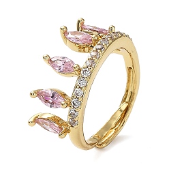 Pearl Pink Cubic Zirconia Crown Adjustable Rings, Rack Plating Real 18K Gold Plated Brass Ring, Lead Free & Cadmium Free, Long-Lasting Plated, Pearl Pink, Inner Diameter: 18mm