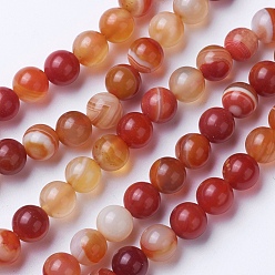 Coral Natural Grade A Striped Agate/Banded Agate Beads Strands, Dyed & Heated, Round, Coral, 6mm, Hole: 1mm, about 62pcs/strand, 14.9 inch(38cm)