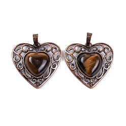 Tiger Eye Natural Tiger Eye Peach Love Heart Pendants, Rack Plating Brass Hollow Heart Charms, Cadmium Free & Lead Free, Red Copper, 29.5x30.5x7.5mm, Hole: 7.5x5mm