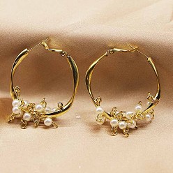 Golden Resin Imitation Pearl Drop Hoop Earrings, Golden, 35mm