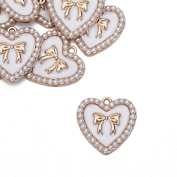 White Light Gold Tone Alloy Enamel Pendants, with Plastic Imitation Pearls, Heart with Bowknot Charm, White, 21x21mm
