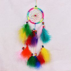 Colorful Polyester Woven Web/Net with Feather Wind Chime Pendant Decorations, with ABS Ring, Wood Bead, for Garden, Wedding, Lighting Ornament, Colorful, 110mm