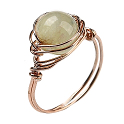 Prehnite Natural Prehnite Round Finger Ring, Rack Plating Rose Gold Brass Wire Wrap Ring, Inner Diameter: 20mm