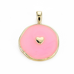Pink Brass Enamel Pendants, Cadmium Free & Nickel Free & Lead Free, Real 16K Gold Plated, Flat Round with Heart, Pink, 20.5x15.5x4.5mm, Hole: 2.5x3.5mm