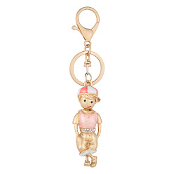 Pink Alloy Enamel Boy Shape Keychains with Crystal Rhinestone, Pink, 13x2.5cm