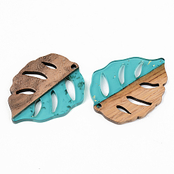 Dark Turquoise Transparent Resin & Walnut Wood Pendants, with Gold Foil, Leaf, Dark Turquoise, 37x28x3mm, Hole: 2mm