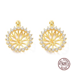 Real 18K Gold Plated 925 Sterling Silver Micro Pave Clear Cubic Zirconia Pendant Cabochon Settings, Open Back Settings, Flower, Real 18K Gold Plated, Tray: 9mm, 15.5x14x5mm, Hole: 3x4mm, Pin: 0.8mm