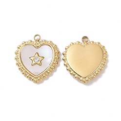 Real 18K Gold Plated Natural White Shell Pendants, with Ion Plating(IP) 304 Stainless Steel Pave Clear Cubic Zirconia Findings, Heart Charm, Real 18K Gold Plated, 17x15x2mm, Hole: 1.4mm