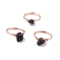 Black Agate Natural Black Agate Chips Finger Ring, Rose Gold Brass Wire Wrap Jewelry for Women, Inner Diameter: 18mm