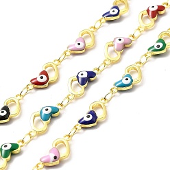 Colorful Handmade Eco-friendly Brass Enamel Heart with Evil Eye Link Chain, Real 18K Gold Plated, Lead Free & Cadmium Free, Soldered, with Spool, Colorful, 14x6.5x3mm