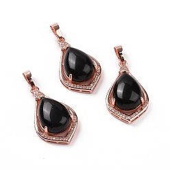 Obsidian Natural Obsidian Pendants, Teardrop Charms, with Rose Gold Tone Rack Plating Brass Findings, 32x19x10mm, Hole: 8x5mm