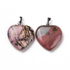 Rhodonite Natural Rhodonite Pendants, Heart, with Brass Findings, Platinum, 22~23x20~20.5x6~7.5mm, Hole: 5x8mm