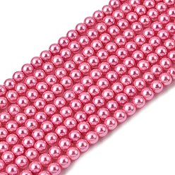 Темно-Розовый Стеклянные жемчужные бусины, жемчужные, круглые, темно-розовыми, 4 мм, Отверстие : 0.7~1.1 мм, около 100 шт / нитка, 16'' (40.64 см)