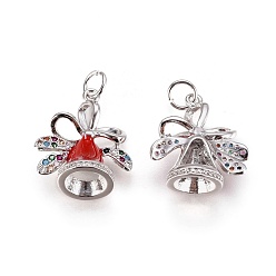 Platinum Brass Micro Pave Cubic Zirconia Pendants, with Enamel and Jump Ring, Christmas Bell, Red, Platinum, 18x16x9mm, Hole: 3.5mm