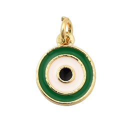 Зеленый Латунь эмаль прелести, плоский круглый с рисунком сглаза, с целью перехода в кольце, без свинца и без кадмия, долговечный, реальный 18 k позолоченный, стойки покрытие, зелёные, 12x10x2 мм, отверстие : 3 мм