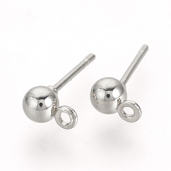 Platinum Iron Ball Stud Earring Findings, with Loop, Platinum, 6.5x4mm, Hole: 1mm, Pin: 0.8mm