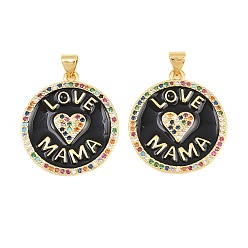 Черный Латунные микро проложить кубического циркония подвески, с эмалью, без кадмия и без свинца, реальный 18 k позолоченный, стойки покрытие, долговечный, Плоские круглые подвески со словом «любовь, мама», День матери, чёрные, 28x25x2 мм, отверстие : 3x5 мм