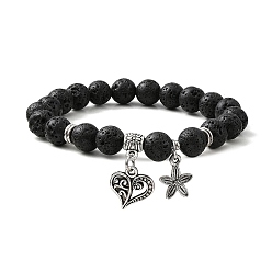 Lava Rock Natural Lava Rock Round Beaded Stretch Bracelets, with Tibetan Style Alloy Heart Charms, Inner Diameter: 2 inch(5cm)
