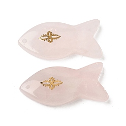 Розовый Кварц Природного розового кварца подвески, Подвески в виде рыбок с золотистым оттенком 304 кусочки цветов из нержавеющей стали, 39~41x18.8~19.5x6.5~7.2 мм, отверстие : 1.2 мм