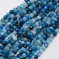 Marine Blue Natural Stripe Agate Beads Strands, Faceted, Dyed, Round, Marine Blue, 4mm, Hole: 0.5mm, about 91~93pcs/strand, 15 inch