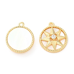 Real 18K Gold Plated Brass Micro Pave Cubic Zirconia Charms, with Natural Shell, Flat Round with Star, Real 18K Gold Plated, 14x12x4mm, Hole: 1mm