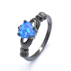 Gunmetal Synthetic Opal Finger Rings, with Cubic Zirconia and Brass Findings, Long-Lasting Plated, Irish Heart, Size 7, Dodger Blue, Gunmetal, 17mm