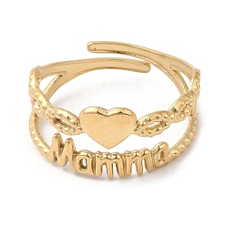 Real 14K Gold Plated 304 Stainless Steel Open Cuff Ring, Heart with Word Momma, for Mother's Day, Real 14K Gold Plated, Inner Diameter: 18mm