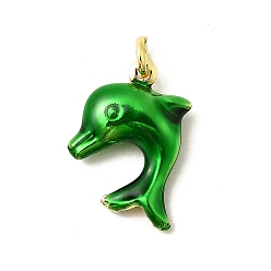 Зеленый Латунные эмалевые подвески с морскими животными, прелести дельфинов, без свинца и без кадмия, долговечный, стойки покрытие, реальный 18 k позолоченный, зелёные, 21x16x5 мм, отверстие : 3.5 мм