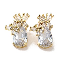 Clear Rack Plating Real 18K Gold Plated Brass Butterfly Stud Earrings, with Cubic Zirconia and Rhinestone, Long-Lasting Plated, Lead Free & Cadmium Free, Clear, 18.5x13mm