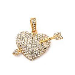 Golden 304 Stainless Steel Pendants, with Crystal Rhinestone, Heart and Arrow Charms, Golden, 23x34x7mm, Hole: 6x5mm