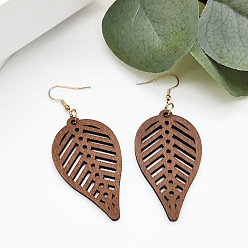 Sienna Iron Wood Dangle Earrings for Women, Leaf, Golden, Sienna, 76x32mm