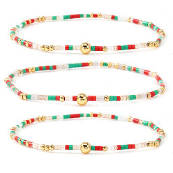Green Boho Round Brass and Glass Seed Beaded Stretch Stackable Bracelet Sets, Golden, Green, 6.50 inch(16.5cm), 3pcs/set