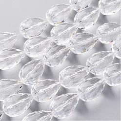 Clear Glass Bead Strands, Faceted, Drop, Clear, 28x17~18mm, Hole: 2mm, 8pcs/strand, 8 inch(21cm)