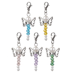 Mixed Color Glass & Round Shell Pearl Bead Angel Pendant Decorations, Tibetan Style Butterfly Alloy Beads and 304 Stainless Steel Findings, Mixed Color, 46mm