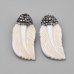 Seashell Color Freshwater Shell Pendants, with Rhinestone, Feather, Seashell Color, 34x14.5x2.5mm, Hole: 1.5mm