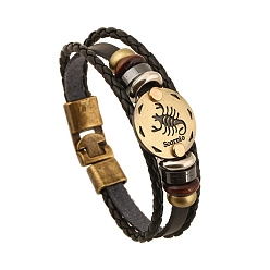 Scorpio Braided Cowhide Cord Multi-Strand Bracelets, Constellation Bracelet for Men, with Wood Bead & Alloy Clasp, Scorpio, 7-7/8~8-1/2 inch(20~21.5cm) 