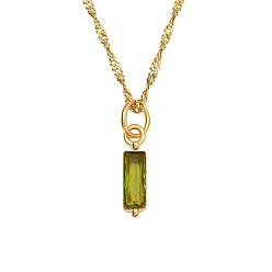 Yellow Green Birthstone Style Cubic Zirconia Rectangle Pendant Necklaces, Golden Titanium Steel Necklace, Yellow Green, 17.72 inch(45cm)
