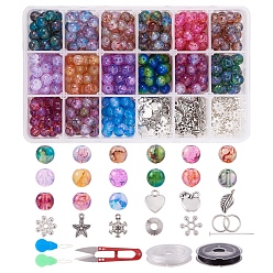 Mixed Color Baking Painted Glass Bead Sets, with Alloy Pendants, Alloy & Brass Beads, Iron Pins and Jump Rings, Iron Sewing Needle Devices Threader, Elastic Thread and Stainless Steel Scissors, Mixed Color, 16.5x10.8x3cm