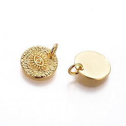Golden Brass Rough Surface Charms, with Jump Rings, Flat Round with Evil Eye, Golden, 12x1.5mm, Hole: 3mm