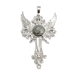 Labradorite Natural Labradorite Big Pendants, Cross with Wing Charms, with Platinum Plated Brass Findings, 52.5x32x7~7.5mm, Hole: 4x8mm & 2mm