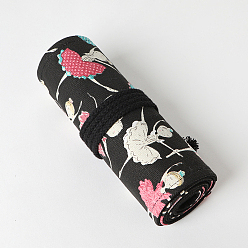 Black 12 Holes Ballet Girl Pattern Handmade Canvas Pencil Roll Wrap, Roll Up Pencil Case for Coloring Pencil Holder, Black, 23x20cm